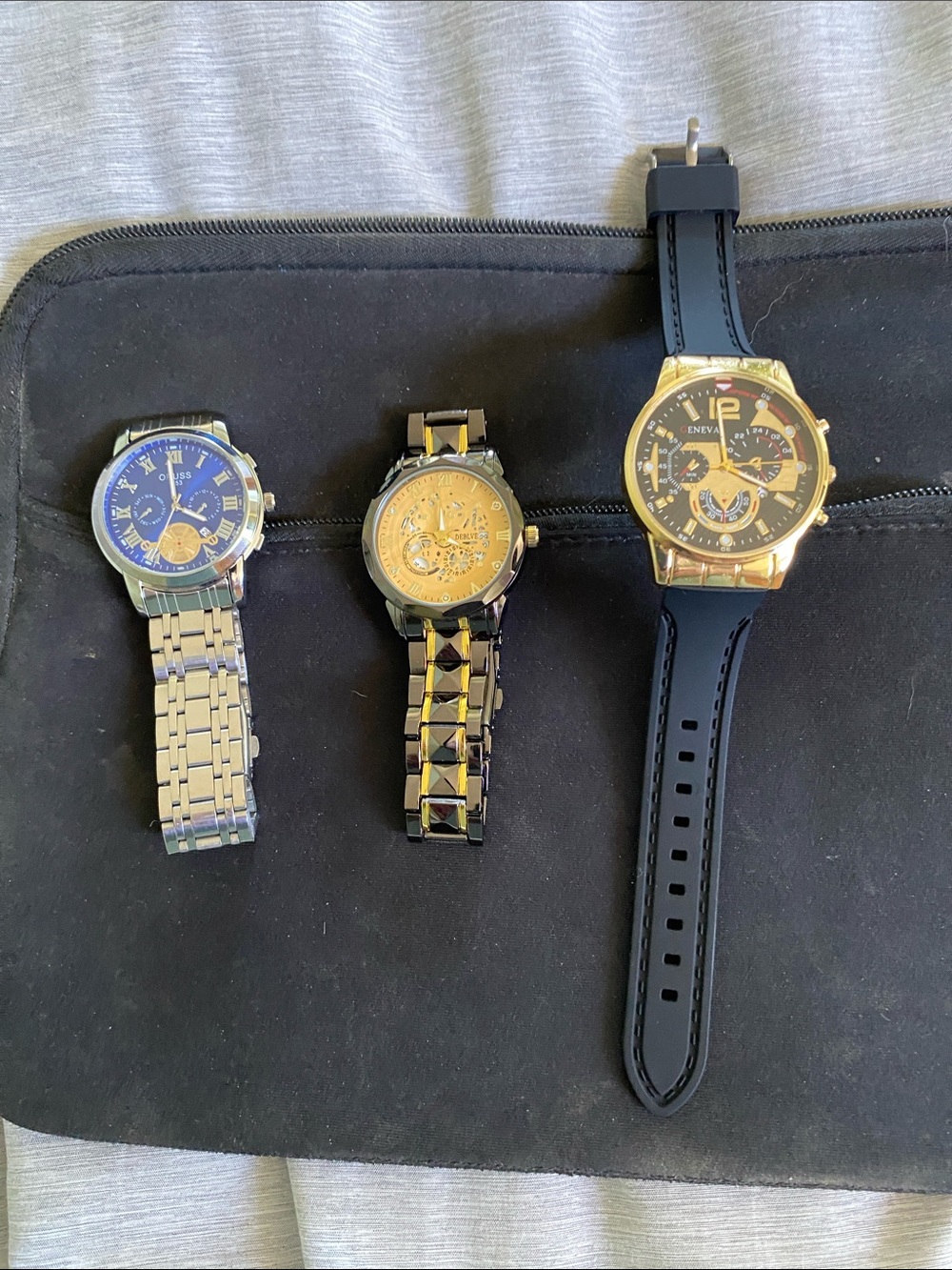 Three Men's Wrist Watches - Blue, Gold, Black all working